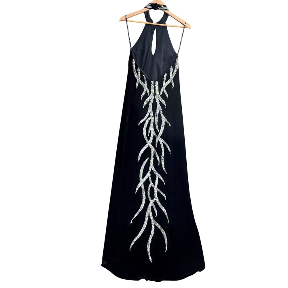 Nightway Black Velvet Sequin‎ Halter Keyhole Gown Size 14